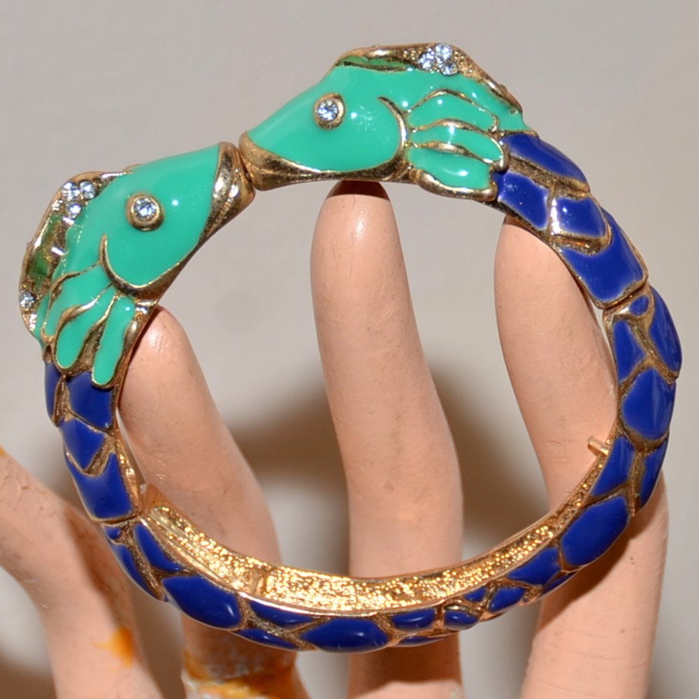 crystal enamel blue fish cuff bracelet aqua cobalt